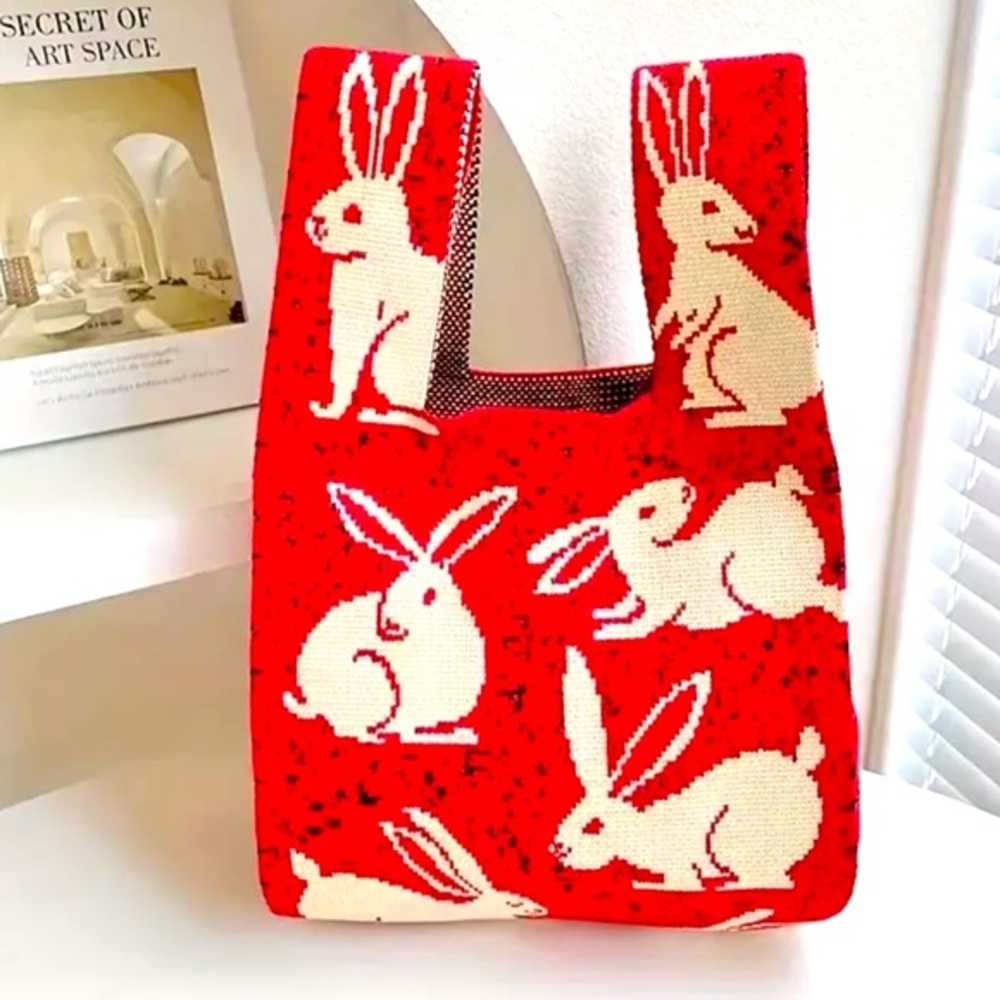 Heavy Woven Knit Rabbit Pattern Tote Purse Bag Japanese Knot  Closure Style